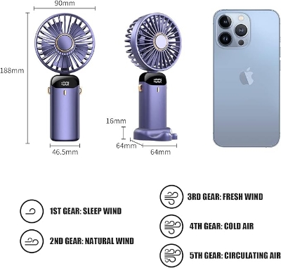 Picture of Hand Held Fan,Portable Handheld USB Rechargeable Fans with 5 Speeds,Battery Operated Mini Fan Foldable Desk Desktop Fans with LED Display for Home Office Bedroom Outdoor Travel (BLUE)