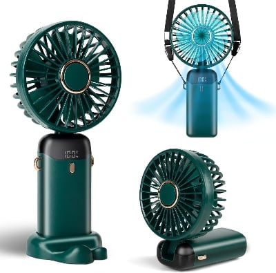 Picture of Hand Held Fan,Portable Handheld USB Rechargeable Fans with 5 Speeds,Battery Operated Mini Fan Foldable Desk Desktop Fans with LED Display for Home Office Bedroom Outdoor Travel Green & White & Pink Green