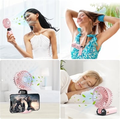 Picture of Hand Held Fan,Portable Handheld USB Rechargeable Fans with 5 Speeds,Battery Operated Mini Fan Foldable Desk Desktop Fans with LED Display for Home Office Bedroom Outdoor Travel Green & White & Pink Green