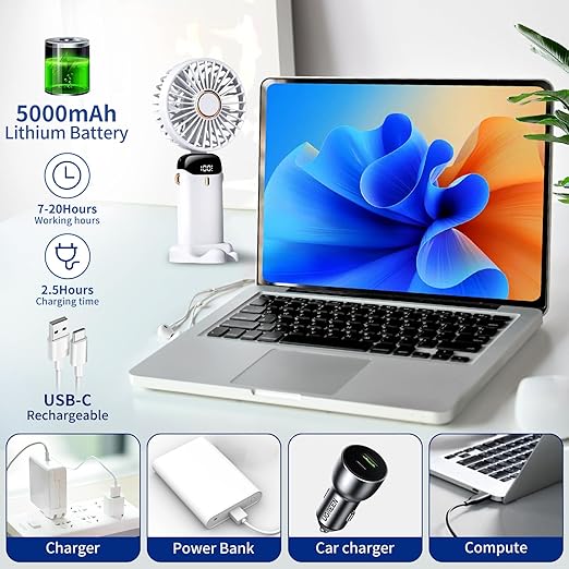 Picture of Hand Held Fan,Portable Handheld USB Rechargeable Fans with 5 Speeds,Battery Operated Mini Fan Foldable Desk Desktop Fans with LED Display for Home Office Bedroom Outdoor Travel (White & Pink) White