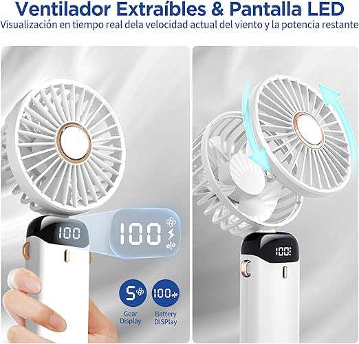 Picture of Hand Held Fan,Portable Handheld USB Rechargeable Fans with 5 Speeds,Battery Operated Mini Fan Foldable Desk Desktop Fans with LED Display for Home Office Bedroom Outdoor Travel (White & Pink) White