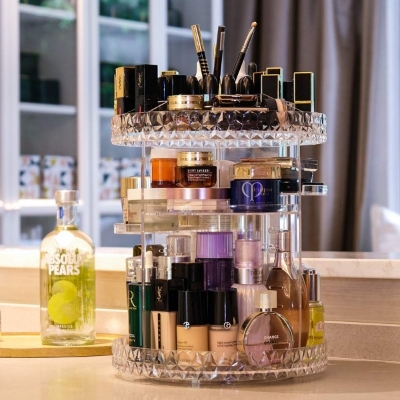 Picture of Diamond Acrylic 360 Makeup Organizer 360 Rotating Cosmetic Organizer with Brush Lipstick Holder Storage Multicolor