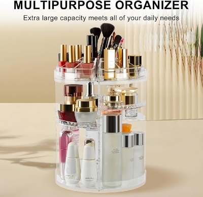 Picture of Diamond Acrylic 360 Makeup Organizer 360 Rotating Cosmetic Organizer with Brush Lipstick Holder Storage Multicolor