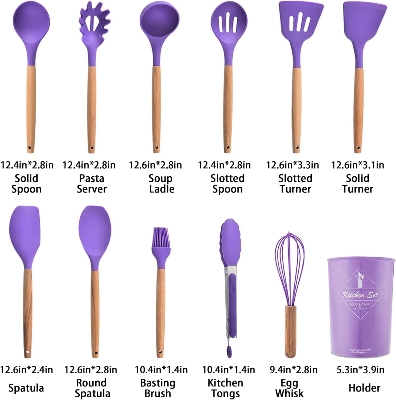 Picture of Spoon Set 12-Piece Silicone Kitchen Cooking And Baking Utensils Set, Non-Stick Utensils Set Heat Resistant Easy Clean, BPA Free Tools, Purple, 12 pcs Purple