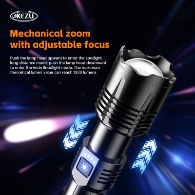 Picture of Kezu Aluminum Alloy Strong Light Flashlight White Laser Wick , Battery Indicator Type-C fast charging ,Most Powerful White Laser 600 Meters Long Range Rechargeable Zoom Led  26650Mah Black