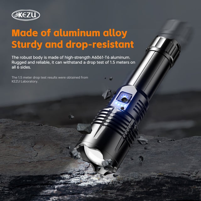 Picture of Kezu Aluminum Alloy Strong Light Flashlight White Laser Wick , Battery Indicator Type-C fast charging ,Most Powerful White Laser 600 Meters Long Range Rechargeable Zoom Led  26650Mah Black