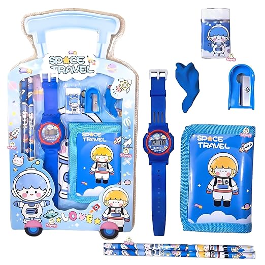 Picture of 7 in 1 Stationery Gift Set for Children | Stationery Supplies Bundle with Digital Watch, Sharpener, Eraser, 2 Pencils, Wallet Pouch Return Gift for Kids7 in 1 Stationery Gift Set for Children | Stationery Supplies Bundle with Digital Watch, Sharpener, Era 