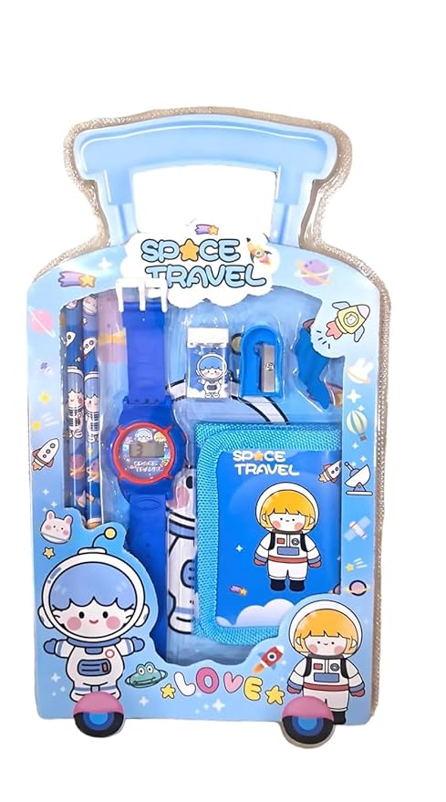 Picture of 7 in 1 Stationery Gift Set for Children | Stationery Supplies Bundle with Digital Watch, Sharpener, Eraser, 2 Pencils, Wallet Pouch Return Gift for Kids7 in 1 Stationery Gift Set for Children | Stationery Supplies Bundle with Digital Watch, Sharpener, Era 