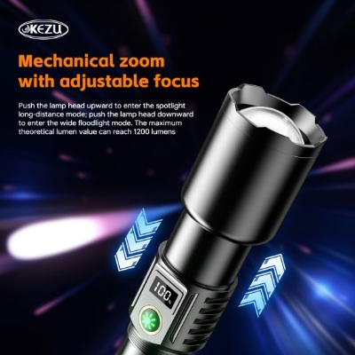 Picture of Kezu Aluminum Alloy Strong Light Flashlight , White Laser Wick Zoomable Super Bright Flashlight with Type-C Charging – Built for Power & Performance! Black