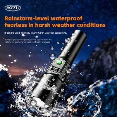 Picture of Kezu Aluminum Alloy Strong Light Flashlight , White Laser Wick Zoomable Super Bright Flashlight with Type-C Charging – Built for Power & Performance! Black