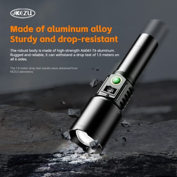 Picture of Kezu Aluminum Alloy Strong Light Flashlight , White Laser Wick Zoomable Super Bright Flashlight with Type-C Charging – Built for Power & Performance! Black