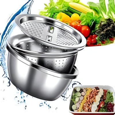 Picture of Stainless Steel Basin With Vegetable Cutter and Drain Basket 3-IN-1 MULTIFUNCTIONAL STAINLESS STEEL BASIN WITH VEGETABLE CUTTER AND DRAIN BASKET Silver
