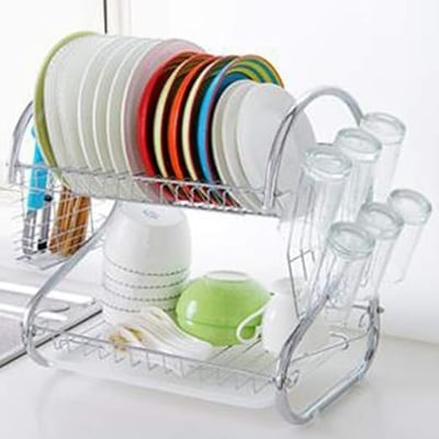 Picture of Dish Rack，Kitchen 2-Layer Stainless Steel Dish Drainer Rack Holder S-Shaped Cup Holder Kitchen Tableware Storage Rack 2 Layer Dish Drainer Rack Stainless Steel Silver