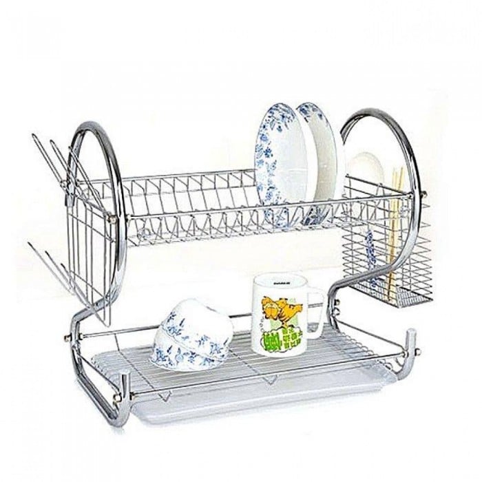 Picture of Dish Rack，Kitchen 2-Layer Stainless Steel Dish Drainer Rack Holder S-Shaped Cup Holder Kitchen Tableware Storage Rack 2 Layer Dish Drainer Rack Stainless Steel Silver