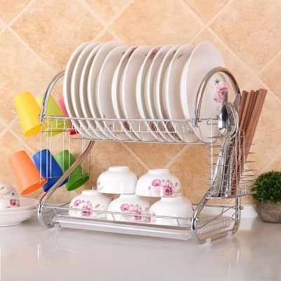 Picture of Dish Rack，Kitchen 2-Layer Stainless Steel Dish Drainer Rack Holder S-Shaped Cup Holder Kitchen Tableware Storage Rack 2 Layer Dish Drainer Rack Stainless Steel Silver