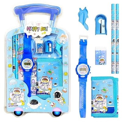 Picture of 7 Pcs Stationery Set Toy for Kids - School Supply Kit with Pencil, Eraser, Sharpener, Wrist Watch and Purse - Birthday Return Gift - Color and Design As Per Stock (Pack of 1) 