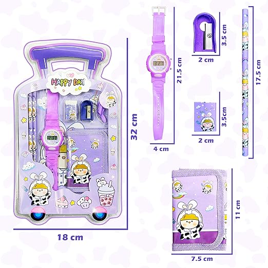Picture of 7 Pcs Stationery Set Toy for Kids - School Supply Kit with Pencil, Eraser, Sharpener, Wrist Watch and Purse - Birthday Return Gift - Color and Design As Per Stock (Pack of 1) 