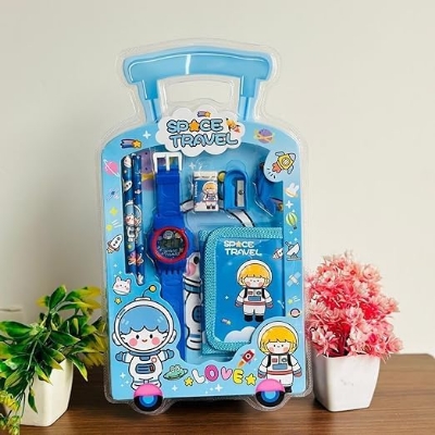 Picture of 7 Pcs Stationery Set Toy for Kids - School Supply Kit with Pencil, Eraser, Sharpener, Wrist Watch and Purse - Birthday Return Gift - Color and Design As Per Stock (Pack of 1) 