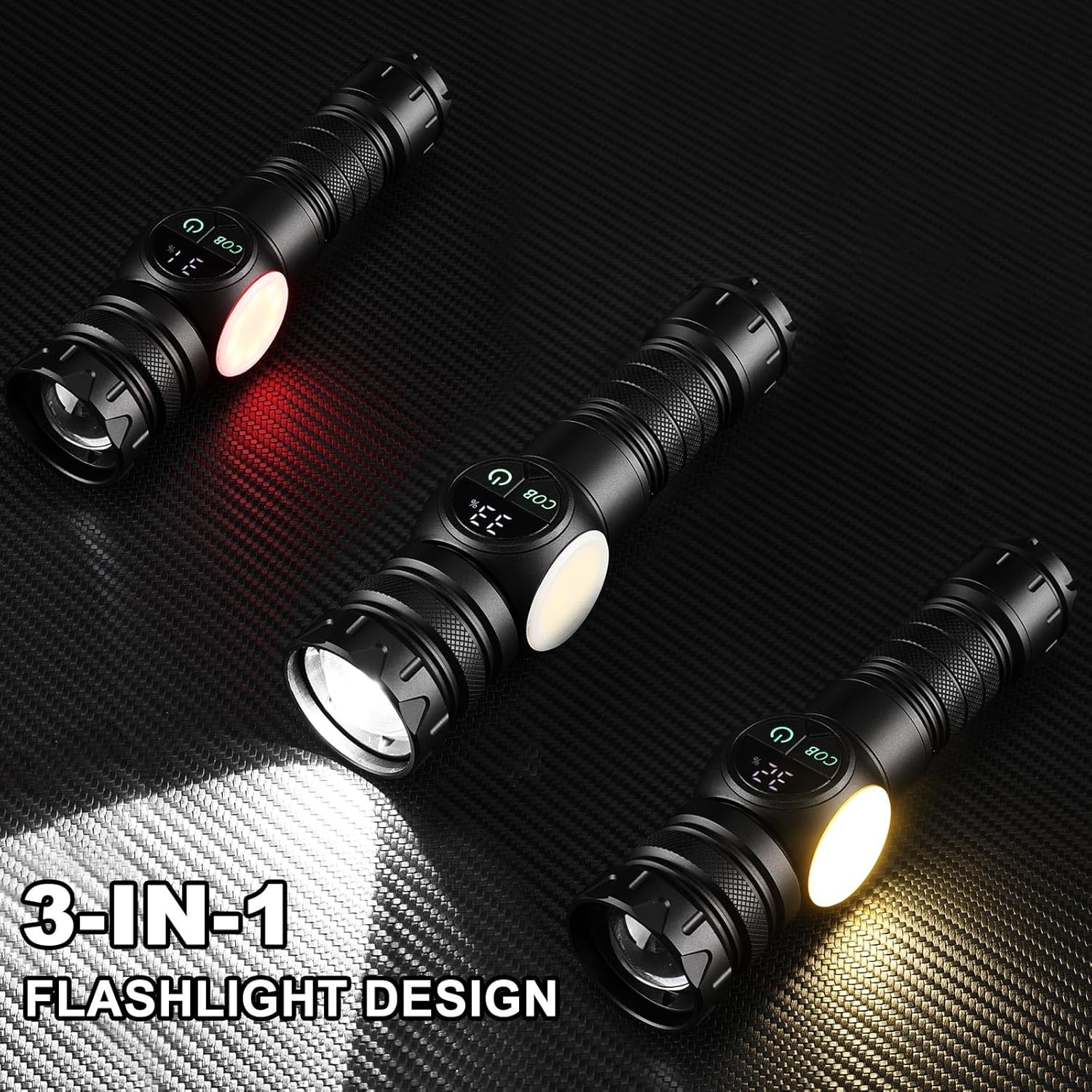 Picture of Super Bright Torch Tactical LED COB Flashlight, 3 in 1 Rechargeable Flashlight True 5000 Lumens Outdoor Strong Cob Light, 5000mAh Zoomable Beam LED Flash Light with Magnet Power Failure Emergency Survival Kits Snowstorm Black