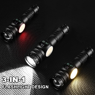 Picture of Super Bright Torch Tactical LED COB Flashlight, 3 in 1 Rechargeable Flashlight True 5000 Lumens Outdoor Strong Cob Light, 5000mAh Zoomable Beam LED Flash Light with Magnet Power Failure Emergency Survival Kits Snowstorm Black