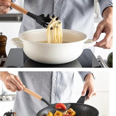 Picture of 12-Piece Silicone Spatula Set – Heat-Resistant, Non-Stick Kitchen Utensils BPA-Free, Food-Grade, Wooden Handle Cooking & Baking Tools for Home Chefs – Black Black