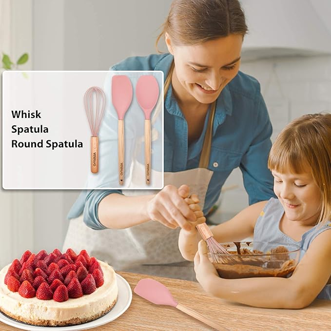 Picture of Silicone Cooking Utensil Kitchen Utensils Set, 12 Pieces Silicone Kitchen Utensil Wooden Handles, Kitchen Spatula Sets with Holder Spoon Turner Tongs, Pink Pink