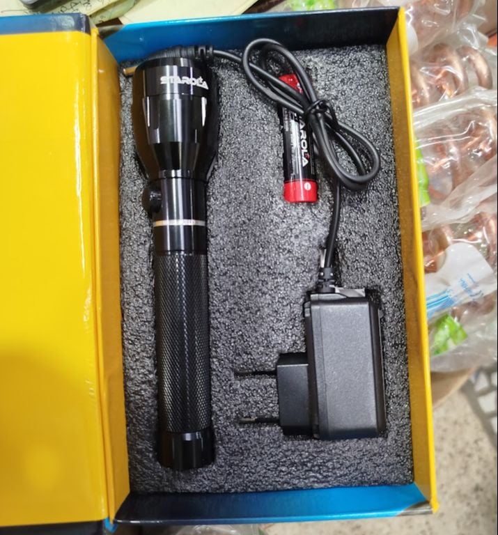 Picture of Heavy Duty Flashlight Torch Light And Best Rechargeable LED Flashlight STAROLA Brand Weatherproof Used indoors and outdoor Energy saving, flexible, and convenient to use Black