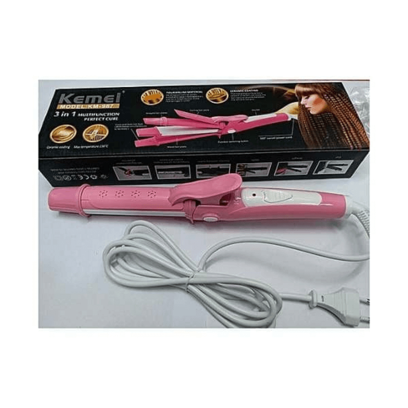 Picture of Kemei KM-1213 3-in-1 Hair Straightener, Curler & Crimper – Professional Styling Tool Pink