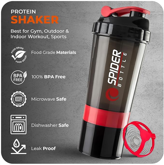 Picture of Active 100 Protein Shaker Bottle 500ml With Extra Compartment - Gym Shaker Bottle For Men & Women, Perfect For Protein Shakes & Supplements (Red) Red