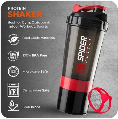Picture of Active 100 Protein Shaker Bottle 500ml With Extra Compartment - Gym Shaker Bottle For Men & Women, Perfect For Protein Shakes & Supplements (Red) Red