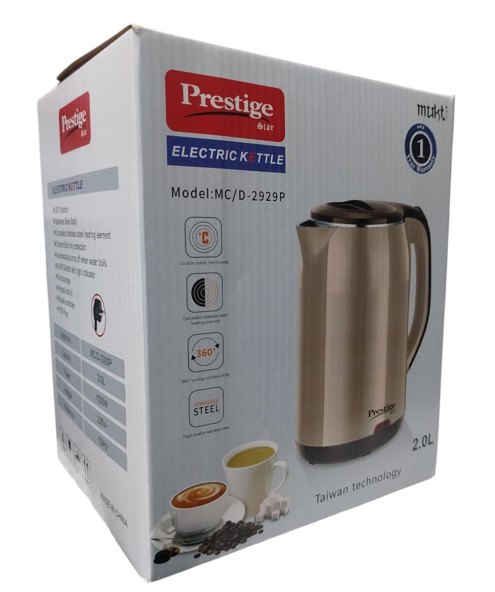 Picture of Prestige Electric Kettle 2.0L High Quality Stainless Steel Automatically turns off when water boils On/Off Switch with light indicator ( LIGHT GREY) Grey