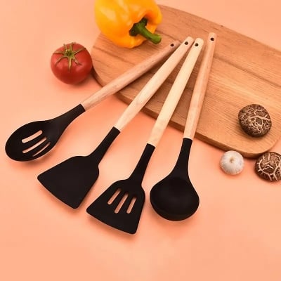 Picture of 12-Piece Silicone Spatula Set – Heat-Resistant, Non-Stick Kitchen Utensils BPA-Free, Food-Grade, Wooden Handle Cooking & Baking Tools for Home Chefs – Black Black
