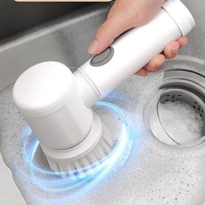 Picture of Magic Brush 5in1 Handheld Electric Cleaning Brush Power Scrubber Brush Cordless Cleaning Brush For Bathroom Tub Kitchen Household Cleaning Tools Kitchen Bathroom Sink Cleaner 3 Brush Head White
