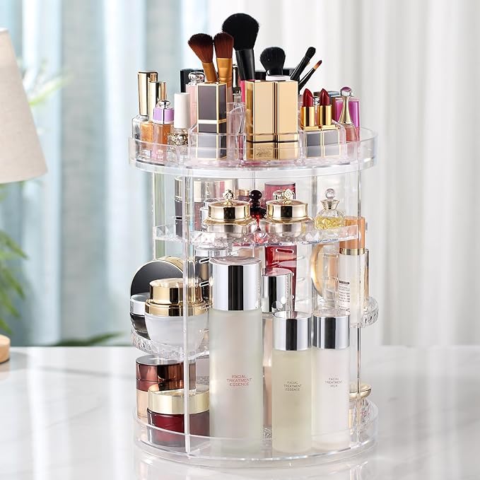 Picture of Diamond Acrylic 360 Makeup Organizer 360 Rotating Cosmetic Organizer with Brush Lipstick Holder Storage Multicolor
