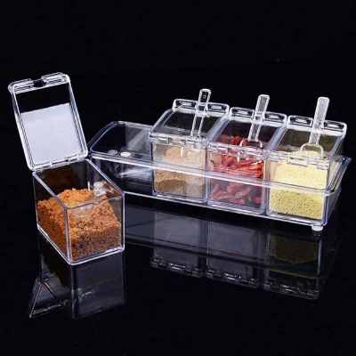 Picture of 4 Cells Transparent Spice Jar Set With Spoon And Lid Salt And Pepper Seasoning Bottle Kitchen Condiment Cruet Storage Container Multicolor