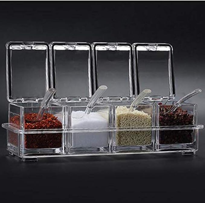 Picture of 4 Cells Transparent Spice Jar Set With Spoon And Lid Salt And Pepper Seasoning Bottle Kitchen Condiment Cruet Storage Container Multicolor