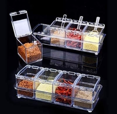 Picture of 4 Cells Transparent Spice Jar Set With Spoon And Lid Salt And Pepper Seasoning Bottle Kitchen Condiment Cruet Storage Container Multicolor