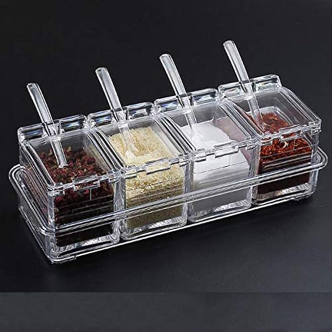 Picture of 4 Cells Transparent Spice Jar Set With Spoon And Lid Salt And Pepper Seasoning Bottle Kitchen Condiment Cruet Storage Container Multicolor