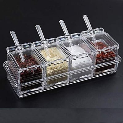 Picture of 4 Cells Transparent Spice Jar Set With Spoon And Lid Salt And Pepper Seasoning Bottle Kitchen Condiment Cruet Storage Container Multicolor