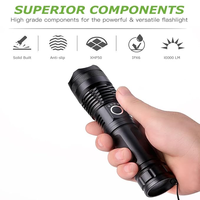 Picture of 5000 Lumen Rechargeable Tactical Flashlight,XHP50 LED for Hiking Hunting Camping Emergency Outdoor Sport(Include 26650 Battery) Black
