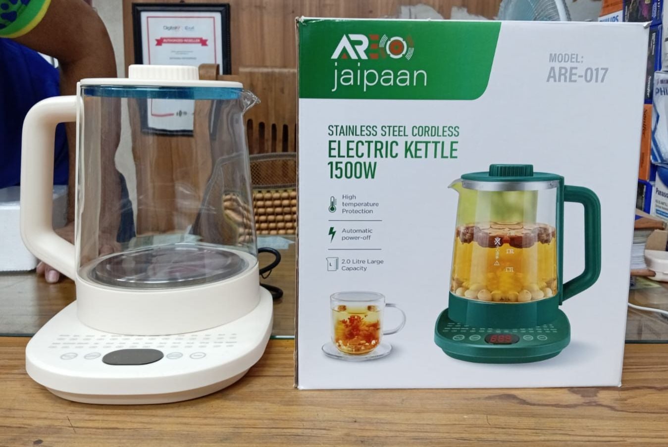 Picture of Jaipaan Electric Kettle Glass Kettle,Glass electric kettle Multifunctional High Borosilicate Glass Health Pot Electric Kettle Electric Teapot Quick Cooking Heat Preservation Function 304 Stainless Steel 2Liter new version White