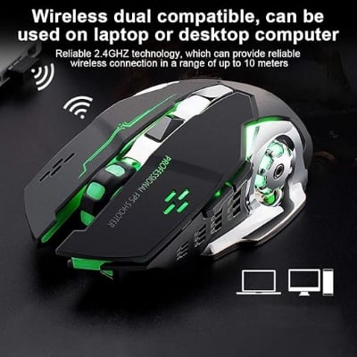 Picture of 2.4G Wireless Gaming Mouse, Rechargeable 6-keys 800/1600 / 2400 DPI Adjustable USB Mute Mice Ergonomic Design Glow Mechanical Mouse 10M for Laptop Computer Home Office(Black) Black