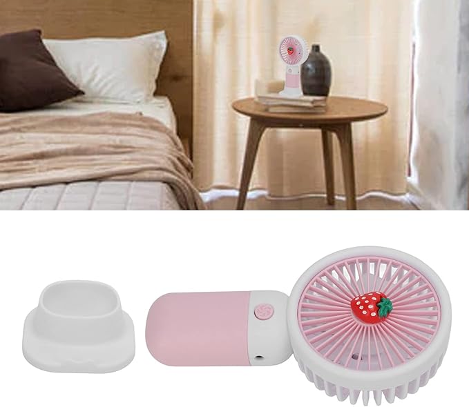 Picture of Summer Mini Fan  Mini Handheld Fan, USB Rechargeable Cartoon Strawberry Look Portable Fan with Removable Base for Home Office Outdoor Pink
