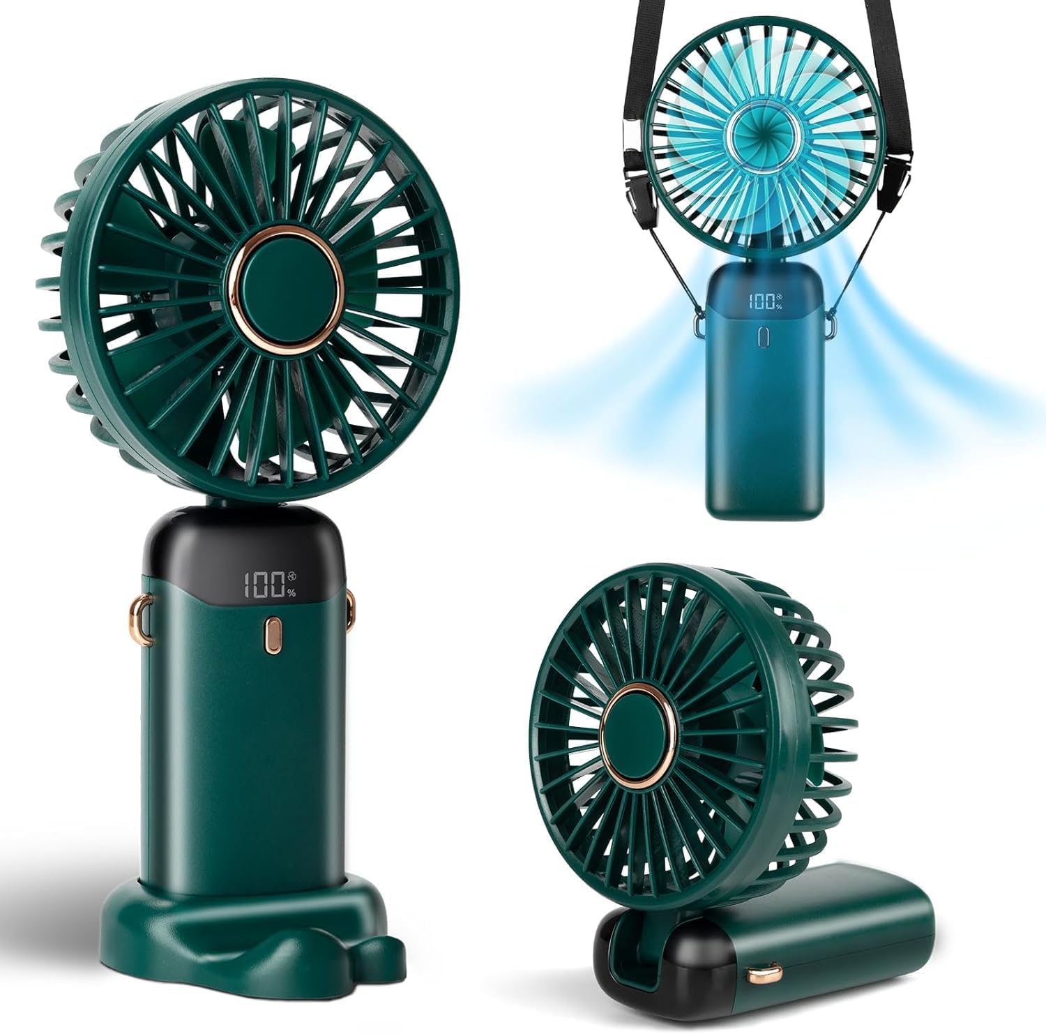 Picture of Hand Held Fan,Portable Handheld USB Rechargeable Fans with 5 Speeds,Battery Operated Mini Fan Foldable Desk Desktop Fans with LED Display for Home Office Bedroom Outdoor Travel Green & White & Pink Green