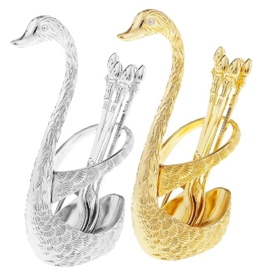 Picture of Swan Base with 6 Spoons Kitchen Utensils Stainless Steel Set Holder Gold | 1 Piece Swan Base Holder 6 Pieces Spoons Gold