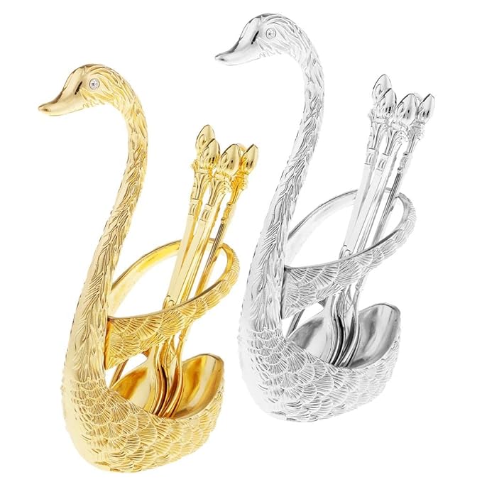 Picture of Swan Base with 6 Spoons Kitchen Utensils Stainless Steel Set Holder Gold | 1 Piece Swan Base Holder 6 Pieces Spoons Gold