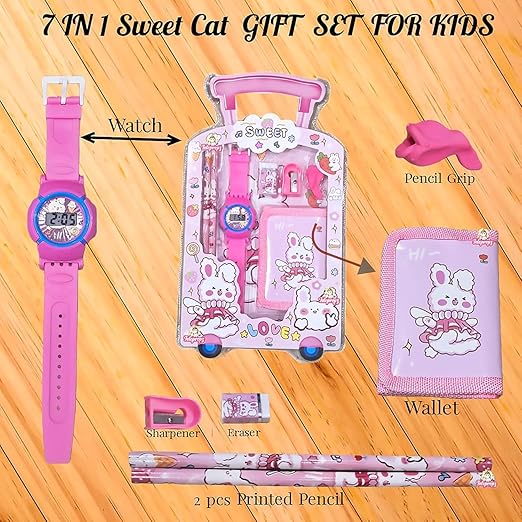 Picture of 7 in 1 Stationery Gift Set for Children | Stationery Supplies Bundle with Digital Watch, Sharpener, Eraser, 2 Pencils, Wallet Pouch Return Gift for Kids7 in 1 Stationery Gift Set for Children | Stationery Supplies Bundle with Digital Watch, Sharpener, Era 