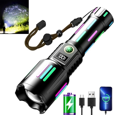 Picture of High brightness rechargeable flashlight, super bright waterproof long life tactical flashlight, 1.5km long beam, LCD power display, 5 modes, suitable for emergency, camping Multicolor