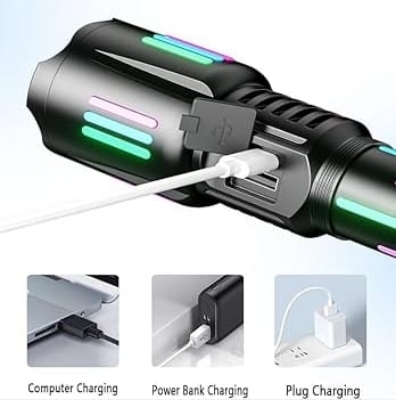 Picture of High brightness rechargeable flashlight, super bright waterproof long life tactical flashlight, 1.5km long beam, LCD power display, 5 modes, suitable for emergency, camping Multicolor
