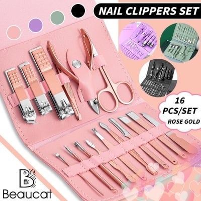 Picture of Nail Clippers Set, 16pcs Manicure & Pedicure Tools, Stainless Steel Nail Cutter Kit for men and women, with Leather Bag, Travel Grooming Kit for Facial, Cuticle and Nail Care 